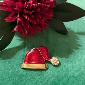 Vintage Enamel Red Christmas Santa Hat Brooch with a Rhinestone Pom